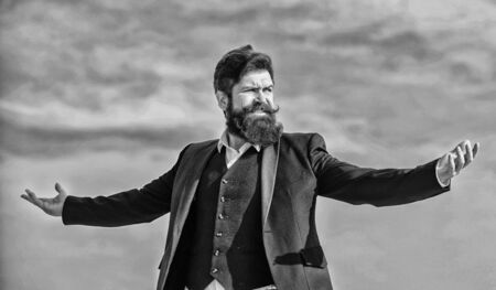 Future success. Confident in his choice. Male formal fashion. Mature hipster with beard. brutal...