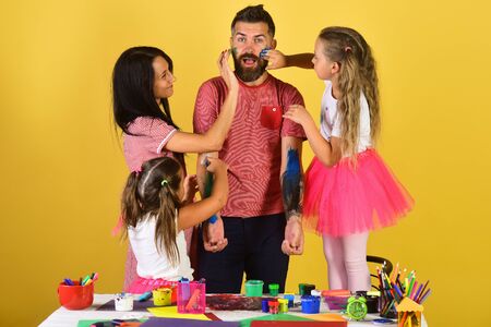 Girls, man and woman with happy and surprised faces