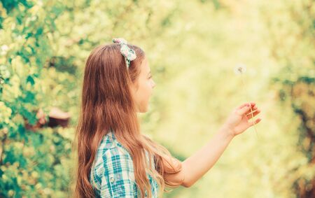 Why people wish on dandelions. Celebrating summer. Dandelion full symbolism. Folklore beliefs about dandelion. Having fun. Girl rustic style making wish and blowing dandelion nature backgroundの写真素材