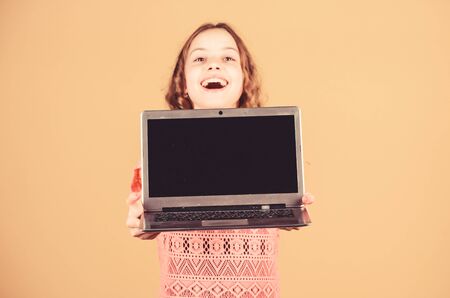 online courses private teaching. happy girl with notebook. child development in digital age. social...