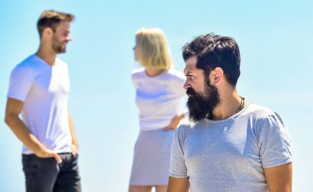 none of your business. love triangle. Social problem. Betrayal and divorce. couple in love. third wheel man. interpersonal relationship. Misunderstanding. relationship problems. sworn friendsの写真素材