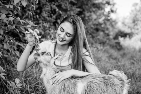 Woman and small goat green grass. Veterinarian occupation. Eco farm. Love and care. Animals law. Farm and farming concept. Village animals. Girl play cute goat. Feeding animal. Protect animalsの写真素材