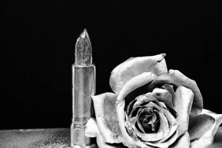 silver rose flower. vintage retro design. wealth and richness. Glamour metallic lipstick. metallized antique decor. Makeup art. grunge beauty fashion. Isolated on black.の写真素材