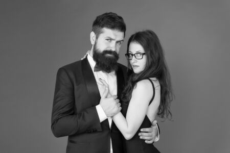 Dating together. Couple in love dating. Bearded man and sensual woman on date. Dating romantic relationship. Love and romance. Dating and courtshipの写真素材