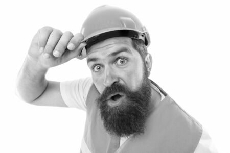 Leave the work to the professional. Bearded man workman isolated on white. Construction worker in protective work wear. Building engineer or builder. Building and construction work. Work safetyの写真素材