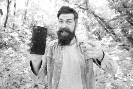online everywhere. happy bearded man on phone. Mature hipster with beard pointing finger. got lost in forest. brutal man with phone. hipster style. guy in forest use gps navigation. summer campingの写真素材