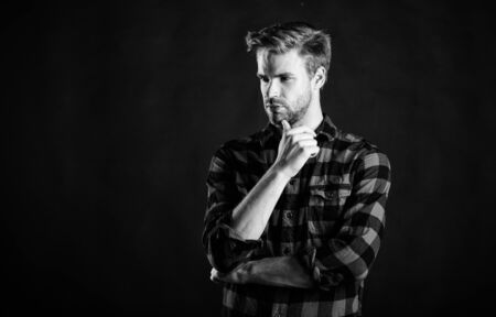 Handsome well groomed man in checkered shirt. Manliness concept. Meaning of modern manliness. Male...