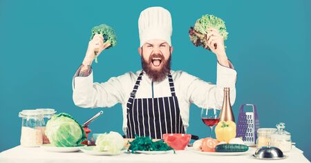 So yummy. Chef man in hat. Secret taste recipe. Vegetarian. Mature chef with beard. Bearded man cook in kitchen, culinary. Dieting and organic food, vitamin. Healthy food cookingの写真素材