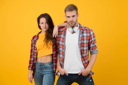 More then just boyfriend and girlfriend. Couple in love yellow background. Handsome man and sexy woman. Being in romantic relations. Loving relations. Family relations. Relations and relationshipの写真素材