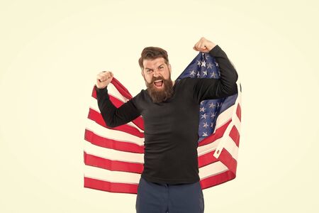 Proud citizen celebrate independence 4th of july. Independence concept. Career growth. Man hold american flag. Country opportunities. National holiday. Hipster bearded guy celebrate independence dayの写真素材
