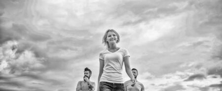 Woman in front of men feel confident. Moving forward support male team. What makes successful female...