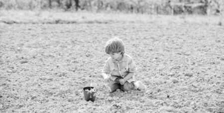 Fun time at farm. Gardening concept. Child having fun with little shovel and plant in pot. Planting...