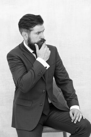 Modern trend. Confident. Tailored suit. Fashion shop. Menswear concept. Elegant fashion outfit. Gentleman modern style. Guy well groomed handsome bearded hipster wear tuxedo. Fashion clothesの写真素材