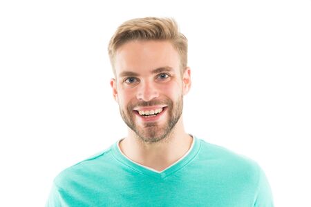 Healthy smile. Dentistry concept. Man handsome guy smiling white background. Guy cheerful smile macho happy and satisfied. Teeth health and beauty. Brilliant smile. Teeth whitening procedureの写真素材