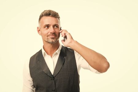 Waiting answer. Mobile call concept. Mobile call conversation. Mobile negotiations. Businessman well...
