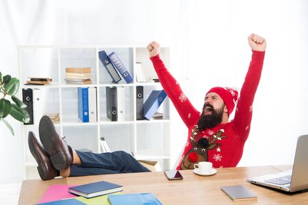 New year resolution. Goals and achievements sum up. Finally holidays. Man bearded manager in business office. Successful guy celebrate christmas. Winter holidays. Celebrate xmas. Christmas holidaysの写真素材