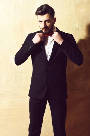 bearded man with serious face on studio wall backgroundの写真素材