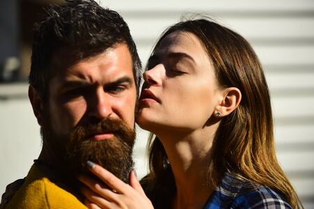 Relationship and love. Girl and bearded guy or happy loversの写真素材