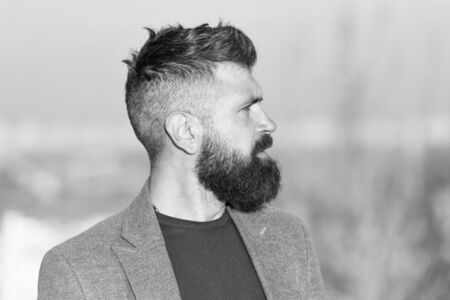 Fresh haircut. Man bearded hipster with mustache blue sky background. Beard grooming guide. Hipster...