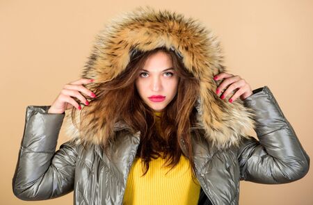 Playful fashionista. Black friday. Confidence and femininity. Enjoying her outfit. Pretty girl wear fashion outfit for cold weather. Be stylish this winter. Emotional woman in jacket. Winter outfitの写真素材