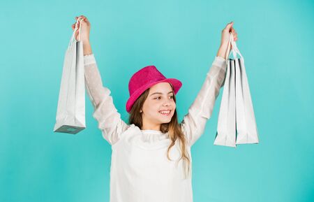 Fashion accessory. Child wear hat. Spring shopping. Individual style. Girl wear hat blue background....