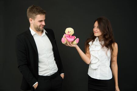 Unacceptable initiative. Love and romance. Gift with love. Couple on romantic date. Formal couple...