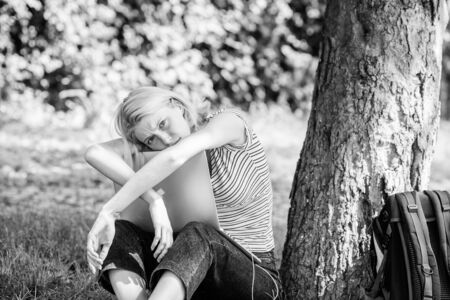 no strength to work on. business communication. tired woman work on laptop. modern business woman work outdoor. too much business. agile business. Pretty womanの写真素材