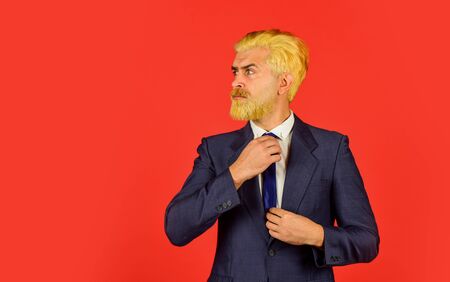 boss in stylish clothes grooming. businessman in formal wear. business man in suit. Confident bearded man. leader CEO portrait. hipster dyed beard. professional office manager. feel stylish todayの写真素材