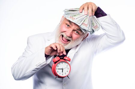 Savings system and life insurance. Cash security. Rich grandpa. Successful businessman. Senior man...