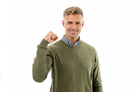 Confidence is power. Confident man isolated on white. Handsome guy flex arm. Self confident....