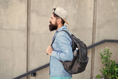 Feed your wanderlust. Mature hipster with beard traveller. Bearded man. Confident brutal man walk...
