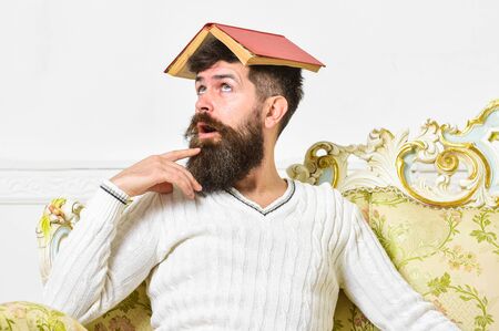 Lose mind concept. Macho sits with open book on head, like roof. Man on crazy face with beard and mustache sits on sofa, white wall background. Guy, teacher overdid with teaching, lost his mind.の写真素材