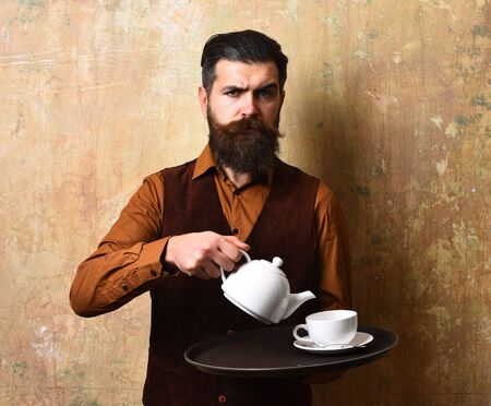 Service and restaurant catering concept. Man with beardの写真素材