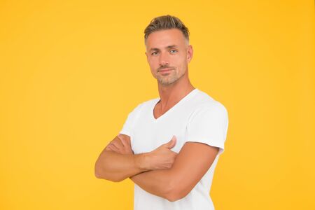 Barbershop salon. Man attractive well groomed facial hair. Barber and hairdresser. Man mature good looking model copy space. Hair styling. Reference beauty. Grizzle hair. Deal with gray rootsの写真素材