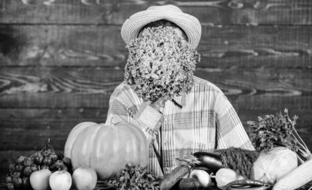 green salad. harvest festival. bearded mature farmer. organic and natural food. halloween. seasonal vitamin food. Useful fruit and vegetable. man chef with rich autumn crop. fresh green salad leaves.の写真素材