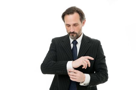 Perfectly dressed. Stylish businessman button shirt cuff. Mature man in office style. Professional formal wardrobe. Dress code style. Fashion and style. Real man real style, copy spaceの写真素材