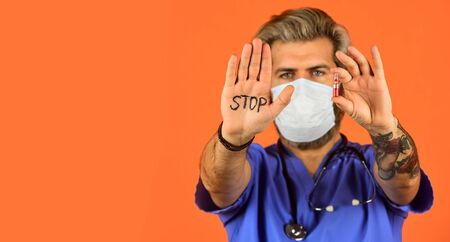 Healthcare and immunity. Stop coronavirus. dont enter quarantine area. stop virus extension. doctor wear respirator mask. prevent infection. coronavirus epidemic from china. say no to flu. copy spaceの写真素材