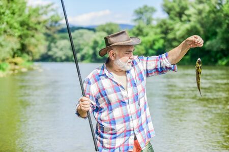 lets go fishing. summer weekend. Big game fishing. retired bearded fisher. Trout bait. fisherman...