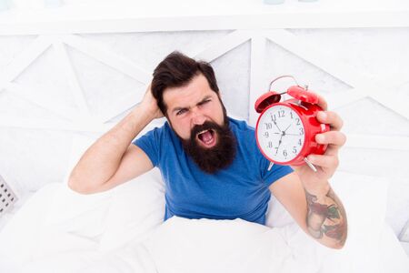 Problem early morning awakening. Why you suffering in mornings. Get up with alarm clock. Waking up...
