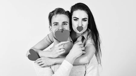 Romantic ideas celebrate valentines day. Valentines day concept. Man and woman couple in love hold...