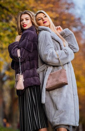 Difference between faux and real fur. Fall outfit. Beautiful ladies walking in warm clothes. Gorgeous girls. Beauty and fashion concept. Visual aesthetics. Benefits wearing fur. Women wear fur coatsの写真素材