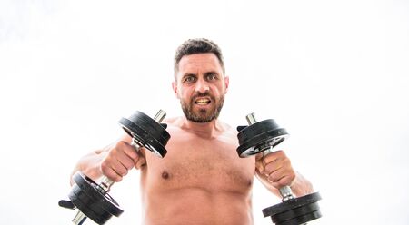 man sportsman with strong ab torso. steroids. athletic body. Dumbbell gym. fitness health diet. Muscular angry man exercising with barbell. sport equipment. Perfect six pack. Sport is our lifeの写真素材