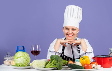 Eat healthily, live longer. Cooking fresh vegetable. happy chef woman. culinary and cuisine. being really professional. eco-friendly products for cook. Chef fresh and delicious vegetables for cookingの写真素材