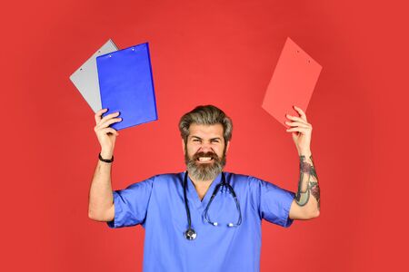 angry doctor with stethoscope. give some advice. Medicine concept. doctor on duty. therapist writing...