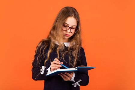 School education concept. Private college. Nerd lifestyle. Cute kid studying. Basic education....