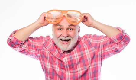 Ageing and eyesight. Man mature senior bearded hipster wear giant sunglasses. Diagnostics eyes...