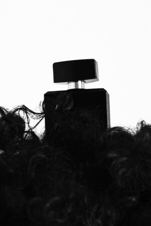 Man black fragrance bottle of perfume on curly wig or hair isolated on white studio backgroundの写真素材