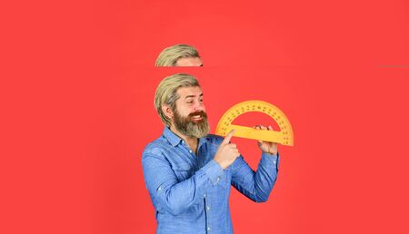 man use protractor. math or mathematics. Stem education concept. study algebra at university. back to school. teacher of arithmetic. calculation and search of various data. precision measurement toolの写真素材