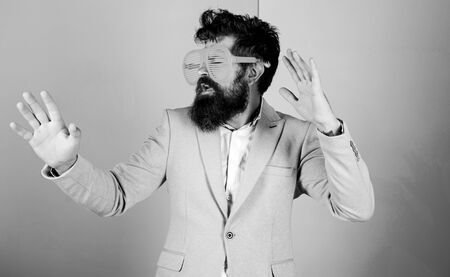 Diving into celebration. Bearded man party goggles celebrating. Hipster in extravagant glasses...