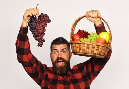 Guy with harvest. Farmer with excited face presents fruits